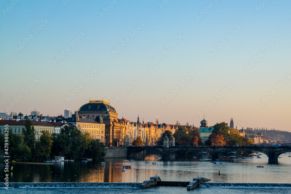 View of the Vltava river and bridge, Prague.