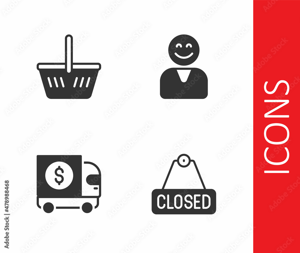 Set Hanging sign with text Closed, Shopping basket, Armored truck and Happy customer icon. Vector Set Hanging sign with text Closed, Shopping basket, Armored truck and Happy customer icon. Vector