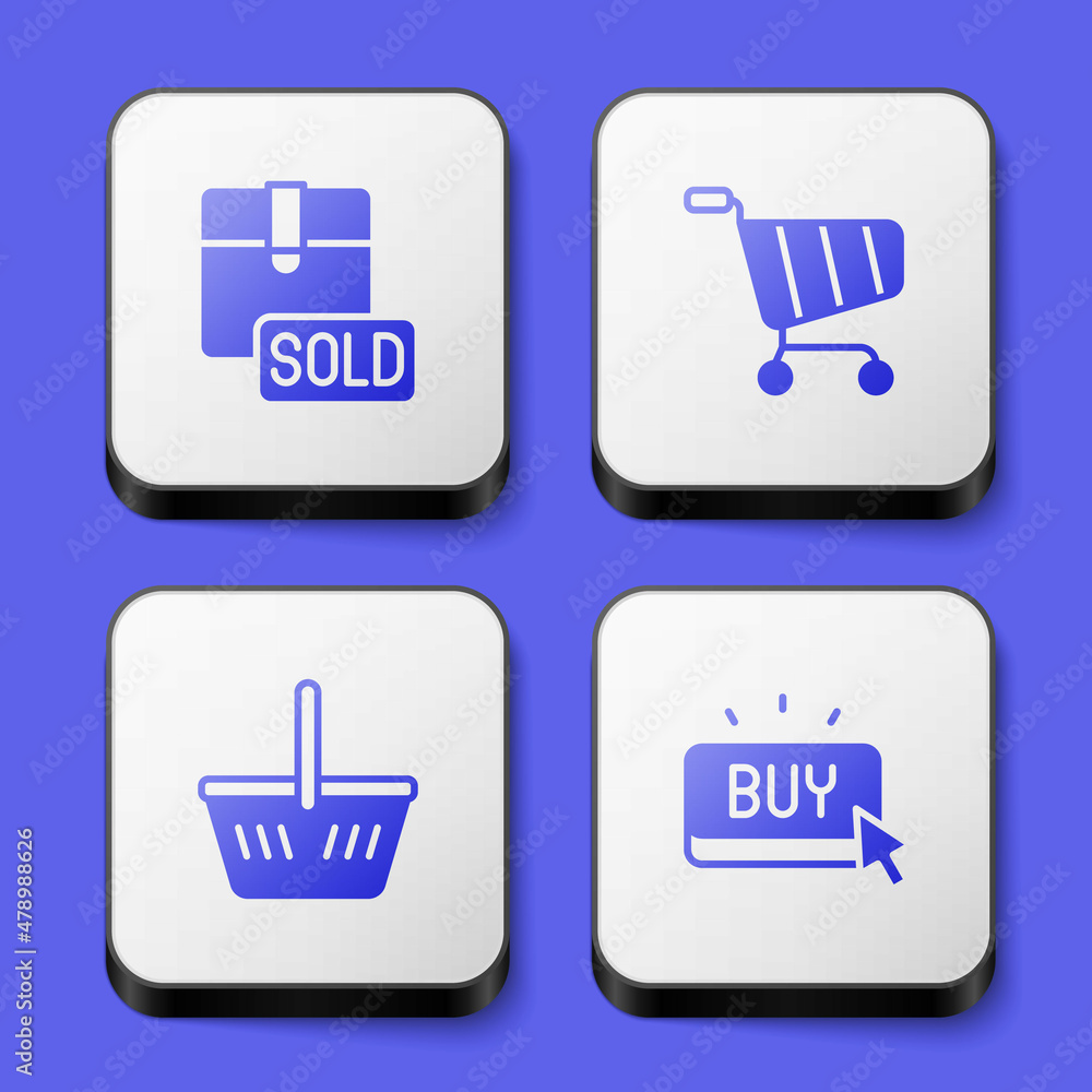 Set Sold, Shopping cart, basket and Buy button icon. White square button. Vector Set Sold, Shopping cart, basket and Buy button icon. White square button. Vector