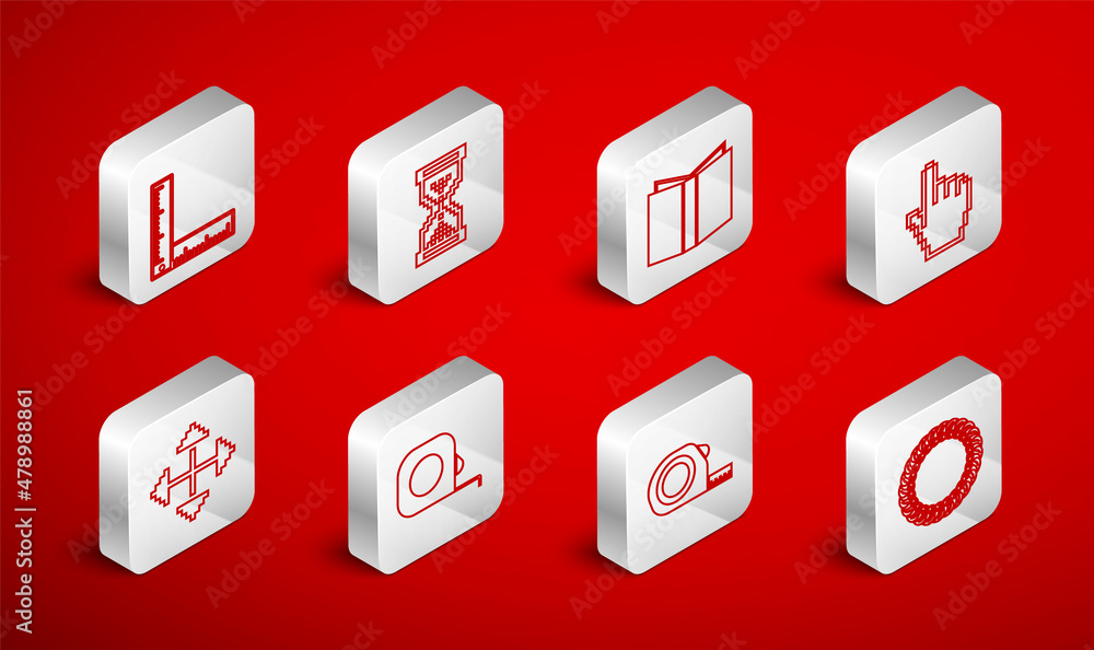 Set line Laurel wreath, Hourglass pixel, Open book, Pixel hand cursor, Roulette construction, Folding ruler, and arrows four directions icon. Vector Set line Laurel wreath, Hourglass pixel, Open book, Pixel hand cursor, Roulette construction, Folding ruler, and arrows four directions icon. Vector