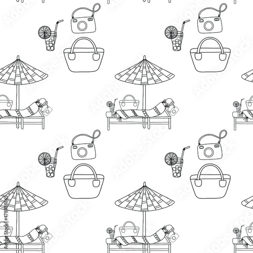 Vector seamless pattern on the beach topic. Outline illustration: parasol, towel, Lounger, camera, cocktail, bag. For fabric, textile, background.