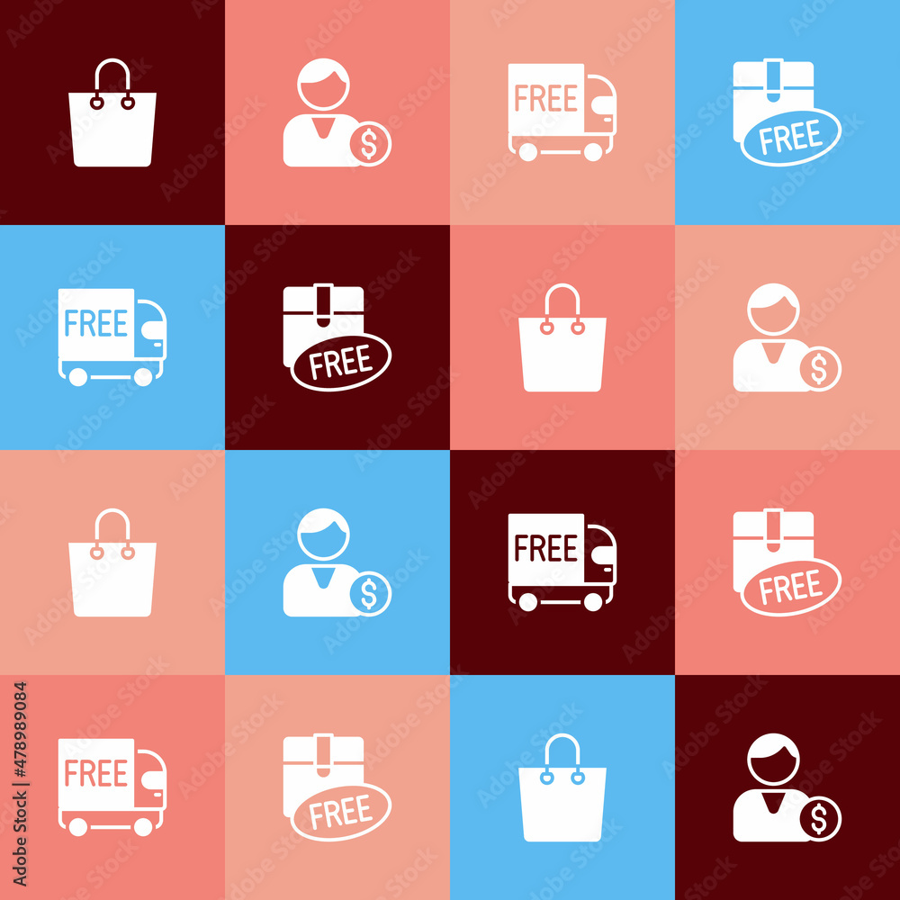 Set pop art Paper shopping bag, Buyer, Free delivery service and Cardboard box with free symbol icon. Vector Set pop art Paper shopping bag, Buyer, Free delivery service and Cardboard box with free symbol icon. Vector