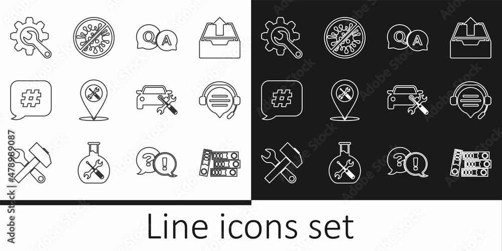 Set line Office folders, Headphones with speech bubble chat, Question and Answer, Location service, Hashtag, Wrench gear, Car and Stop virus, bacteria icon. Vector