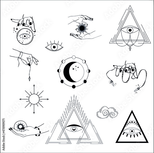 Set of sun, moon, stars, clouds, and esoteric symbols. Esoteric symbols, alchemy and witchcraft vector