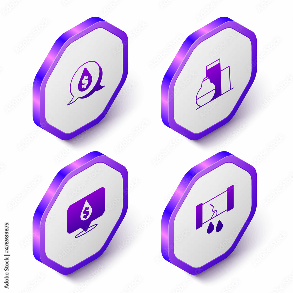 Set Isometric Oil drop with dollar symbol, tank storage, and Broken oil pipe valve icon. Purple hexagon button. Vector Set Isometric Oil drop with dollar symbol, tank storage, and Broken oil pipe valve icon. Purple hexagon button. Vector