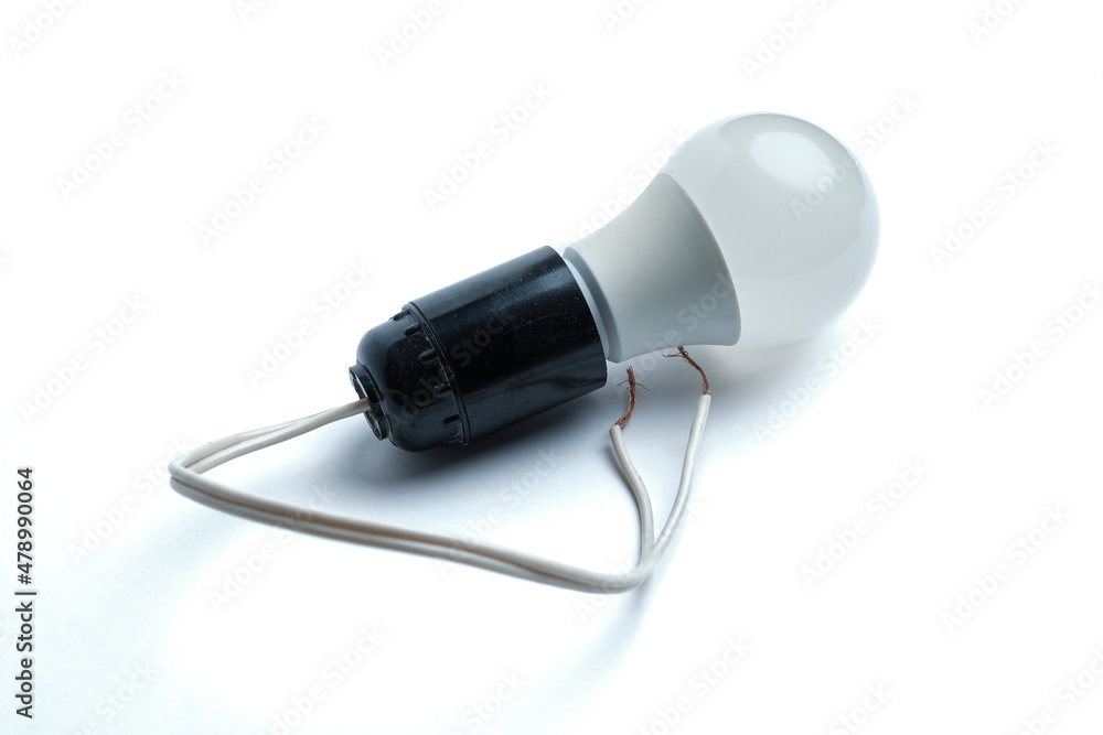Obraz premium Frosted light bulb in a black socket with wires on a light background. Close-up. Selective focus
