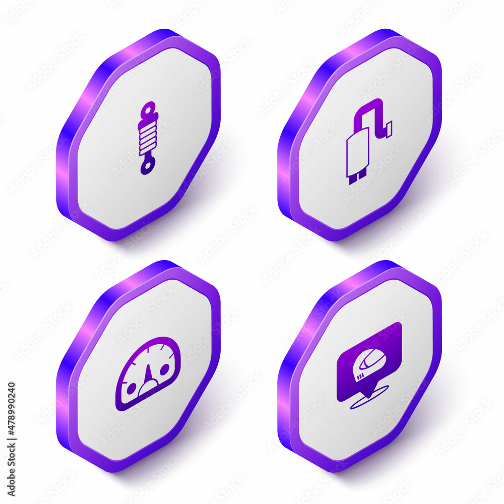 Set Isometric Shock absorber, Car muffler, Speedometer and Racing helmet icon. Purple hexagon button. Vector Set Isometric Shock absorber, Car muffler, Speedometer and Racing helmet icon. Purple hexagon button. Vector