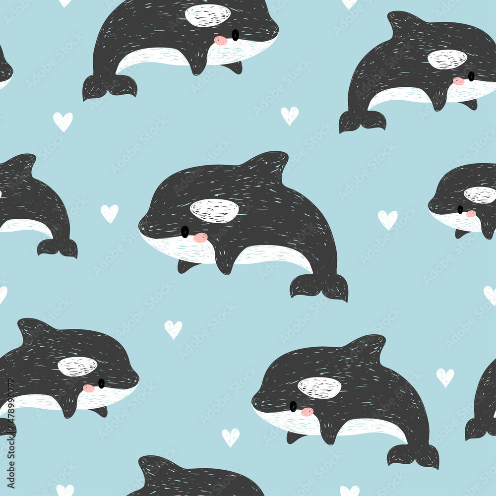 Cute cartoon killer whales seamless pattern. Baby print. Stock Vector ...