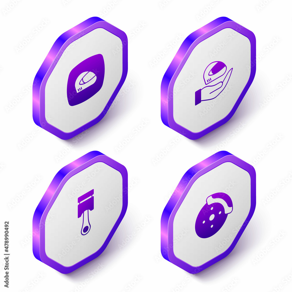 Set Isometric Racing helmet, Engine piston and Car brake disk with caliper icon. Purple hexagon button. Vector Set Isometric Racing helmet, Engine piston and Car brake disk with caliper icon. Purple hexagon button. Vector
