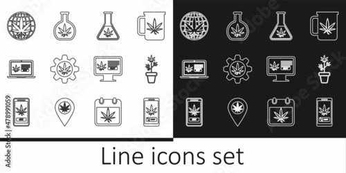 Set line Online buying marijuana, Marijuana plant pot, Test tube with, Legalize, and icon. Vector