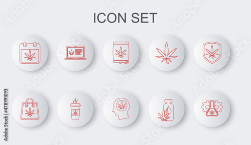 Set line Test tube with marijuana, Shopping bag of, Marijuana or cannabis seeds, leaf oil, Calendar and, Online buying, Cup coffee and Head profile icon. Vector