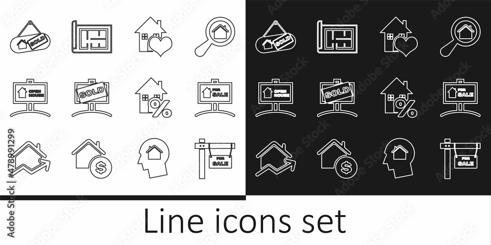 Set line Hanging sign with For Sale, House heart shape, Sold, Open house, percant and plan icon. Vector