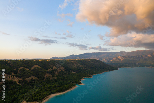 The Lake of Sainte-Croix and the surrounding wheat fields in Europe, in France, Provence Alpes Cote dAzur, in the Var, in summer, on a sunny day. © Florent