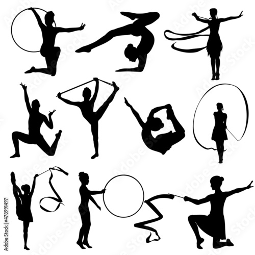 Rhythmic gymnastics, girl with ribbon, hoop and jump rope, set of vector silhouettes. 
