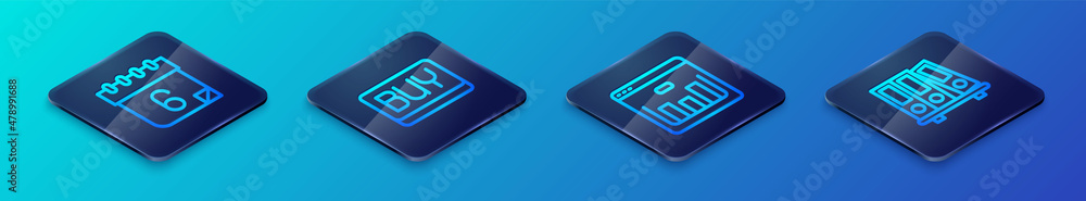 Set Isometric line Browser with stocks market, Calendar, Office folders and Buy button icon. Vector Set Isometric line Browser with stocks market, Calendar, Office folders and Buy button icon. Vector