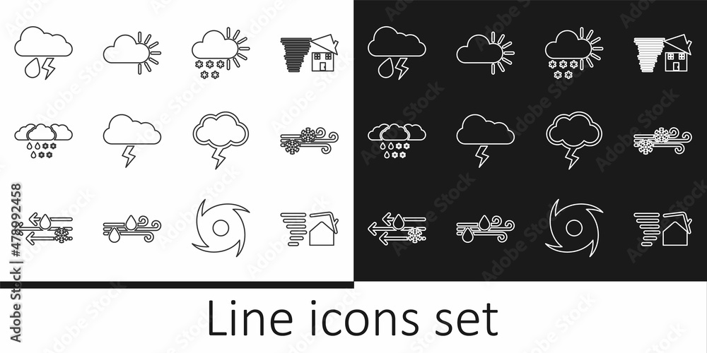 Set line Tornado swirl, Wind and snow, Cloudy with, Storm, rain, lightning, and icon. Vector