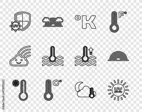 Set line Meteorology thermometer, UV protection, Kelvin, Water, Thermometer and cloud, moon and Rainbow icon. Vector