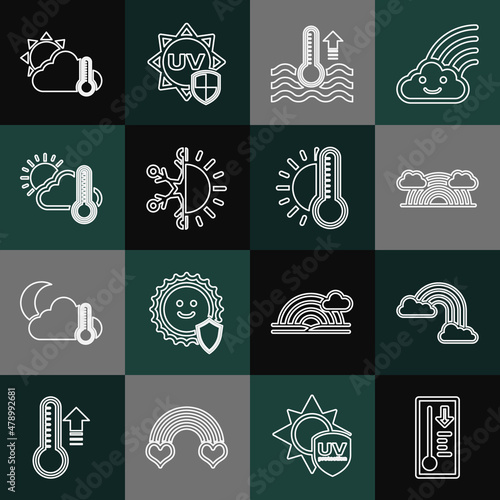 Set line Meteorology thermometer, Rainbow with clouds, Water, Sun and snowflake, Thermometer cloud, sun, and icon. Vector