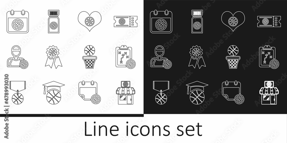 Set line Sports shop and basketball, Planning strategy, Heart with, Basketball award, player, on sport calendar, and game ticket icon. Vector Set line Sports shop and basketball, Planning strategy, Heart with, Basketball award, player, on sport calendar, and game ticket icon. Vector