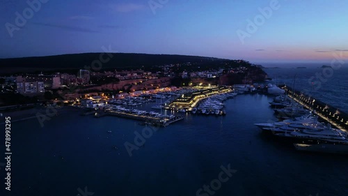 Aerial view, Spain, Balearic Islands, Mallorca, Santa Ponsa region, El Toro with villas, flight at luxury marina Port Adriano photo