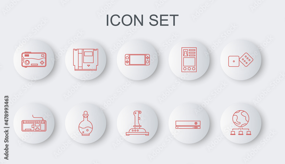 Set line Computer network, keyboard, Portable video game console, Video, Mobile and playing in, Cartridge, Bottle with magic elixir and Joystick for arcade machine icon. Vector Set line Computer network, keyboard, Portable video game console, Video, Mobile and playing in, Cartridge, Bottle with magic elixir and Joystick for arcade machine icon. Vector