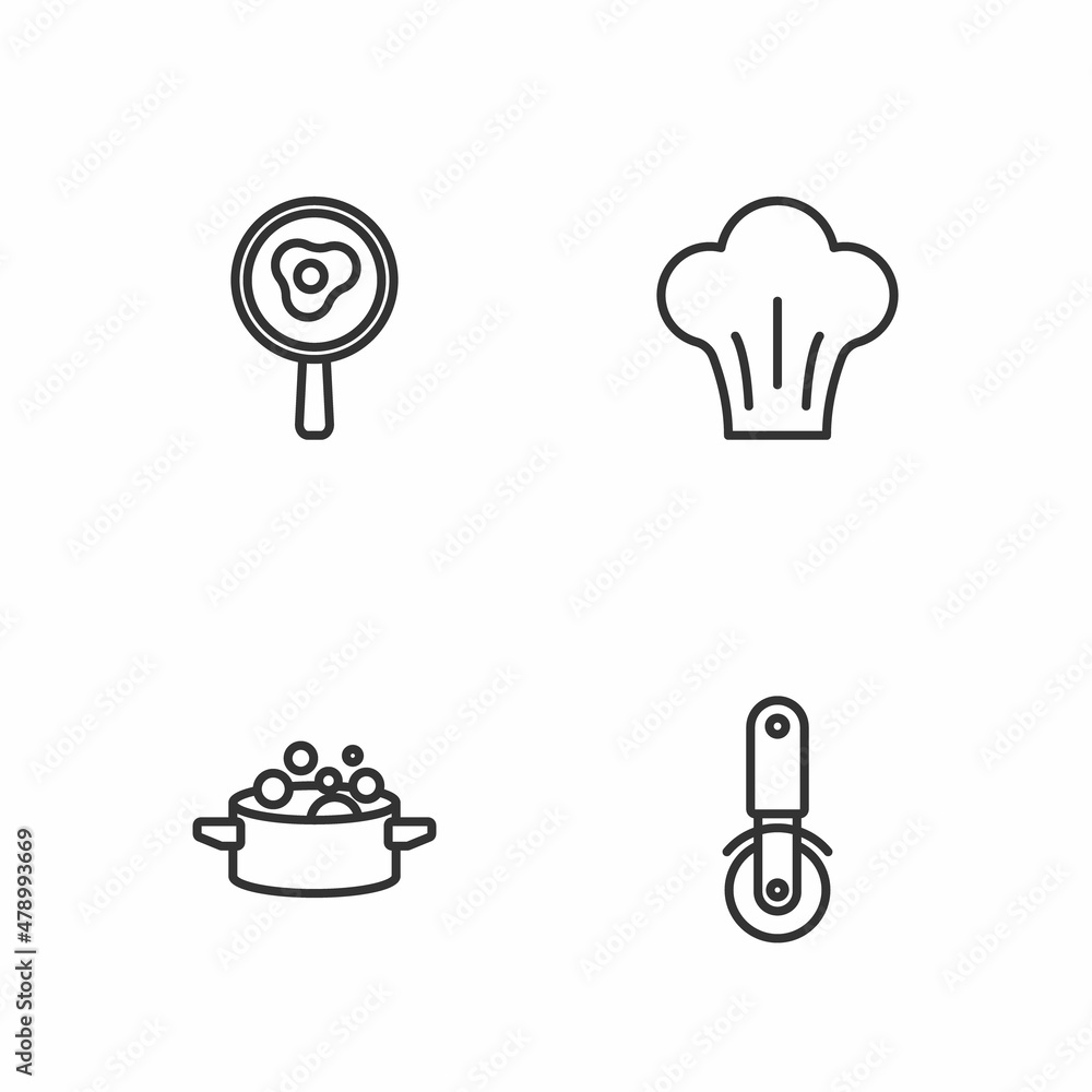 Set line Pizza knife, Cooking pot, Fried eggs on frying pan and Chef hat icon. Vector Set line Pizza knife, Cooking pot, Fried eggs on frying pan and Chef hat icon. Vector