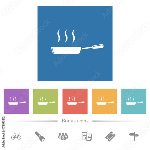Glossy steaming frying pan side view flat white icons in square backgrounds