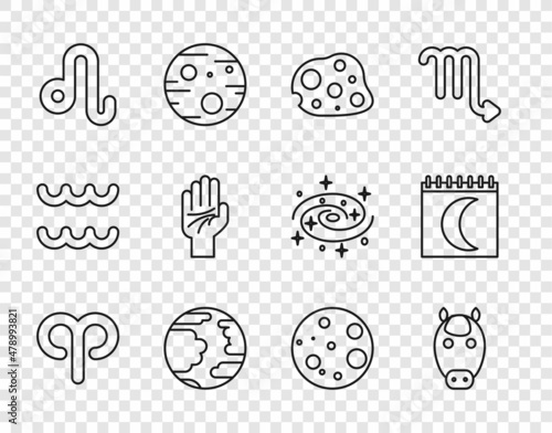 Set line Aries zodiac, Horse, Asteroid, Planet Mercury, Leo, Palmistry of the hand, Moon and phases calendar icon. Vector