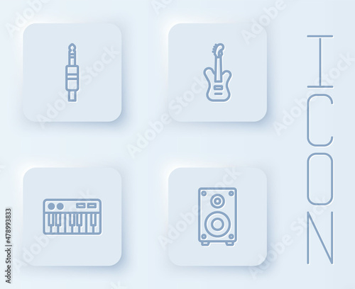 Set line Audio jack, Electric bass guitar, Music synthesizer and Stereo speaker. White square button. Vector
