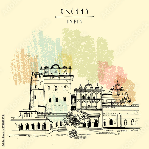 Vector Orchha, India postcard. Orchha fort in Madhya Pradesh state. Jahangir Mahal palace. Travel sketch line art drawing. Vintage hand drawn poster illustration photo