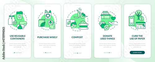 How to minimize waste green onboarding mobile app screen. Walkthrough 5 steps graphic instructions pages with linear concepts. UI, UX, GUI template. Myriad Pro-Bold, Regular fonts used