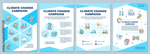 Climate change campaign brochure template. Prevent warming. Booklet print design with linear icons. Vector layouts for presentation, annual reports, ads. Arial-Black, Myriad Pro-Regular fonts used