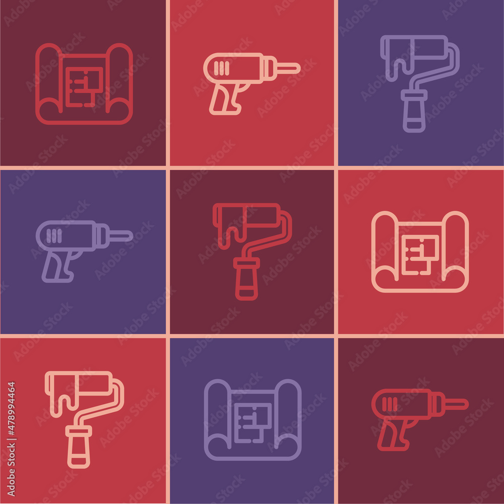 Set line House plan, Paint roller brush and Electric drill machine icon. Vector Set line House plan, Paint roller brush and Electric drill machine icon. Vector