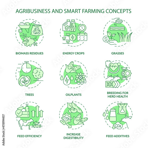 Agribusiness and smart farming green concept icons set. Glasses and oilplants idea thin line color illustrations. Isolated outline drawings. Editable stroke. Roboto-Medium, Myriad Pro-Bold fonts used