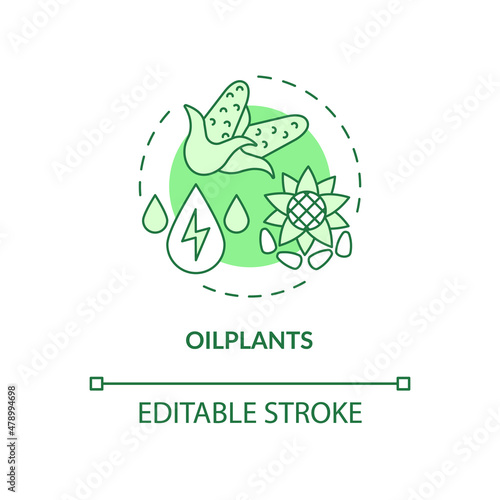 Oilplants green concept icon. Reducing reliance on fossil fuels abstract idea thin line illustration. Isolated outline drawing. Editable stroke. Roboto-Medium, Myriad Pro-Bold fonts used