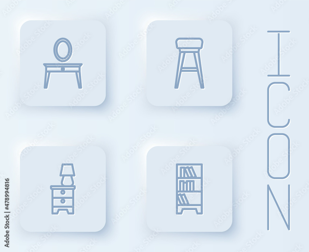 Set line Dressing table, Chair, Furniture nightstand with lamp and Library bookshelf. White square button. Vector Set line Dressing table, Chair, Furniture nightstand with lamp and Library bookshelf. White square button. Vector