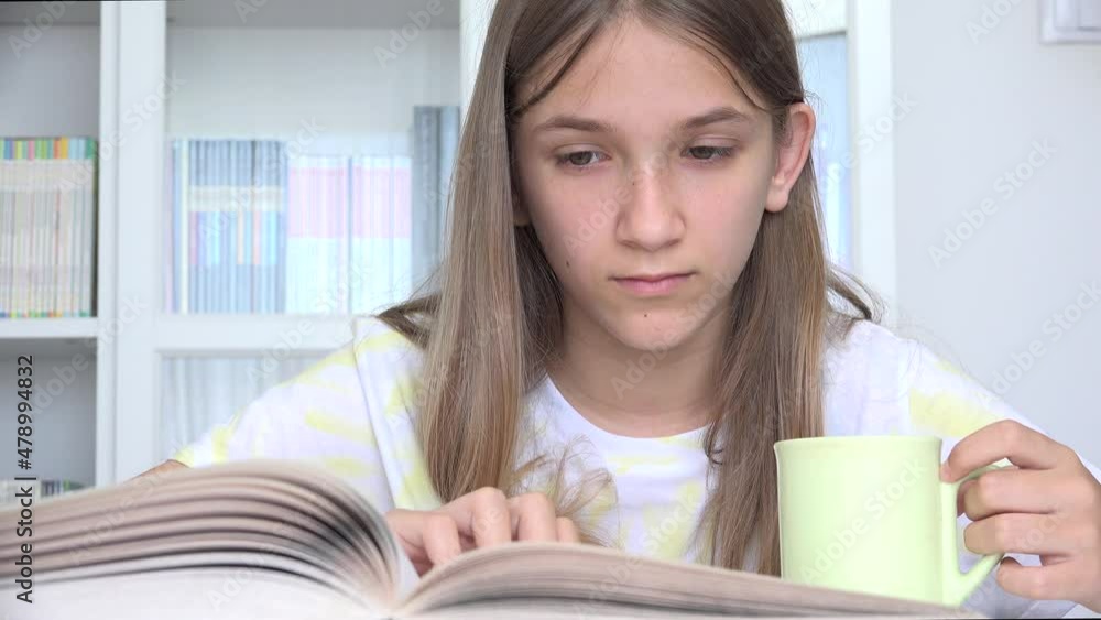Girl Learning in School Library, Adolescent Child Reading Book, Kid, Teenager Schoolgirl Studying in Classroom, Children Education Girl Learning in School Library, Adolescent Child Reading Book, Kid, Teenager Schoolgirl Studying in Classroom, Children Education