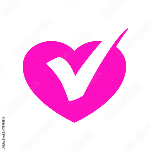 Logo buena salud. Icono con corazón como casilla de verificación con checkmark en color rosa