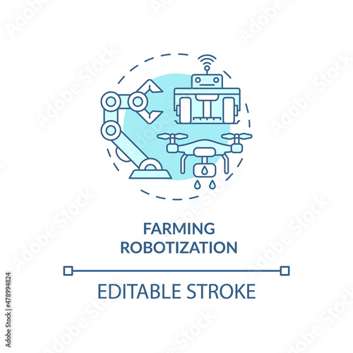 Farming robotization turquoise concept icon. Farm automation practices abstract idea thin line illustration. Isolated outline drawing. Editable stroke. Roboto-Medium, Myriad Pro-Bold fonts used