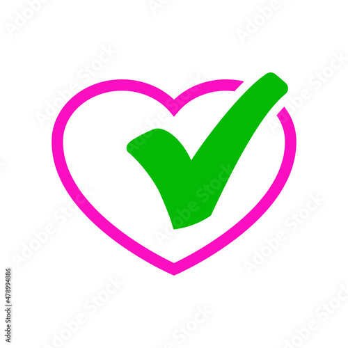 Logo buena salud. Icono con corazón como casilla de verificación con checkmark con líneas en color rosa y verde