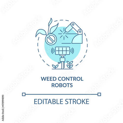 Weed control robots turquoise concept icon. Eliminating grass abstract idea thin line illustration. Farm industry. Isolated outline drawing. Editable stroke. Roboto-Medium, Myriad Pro-Bold fonts used