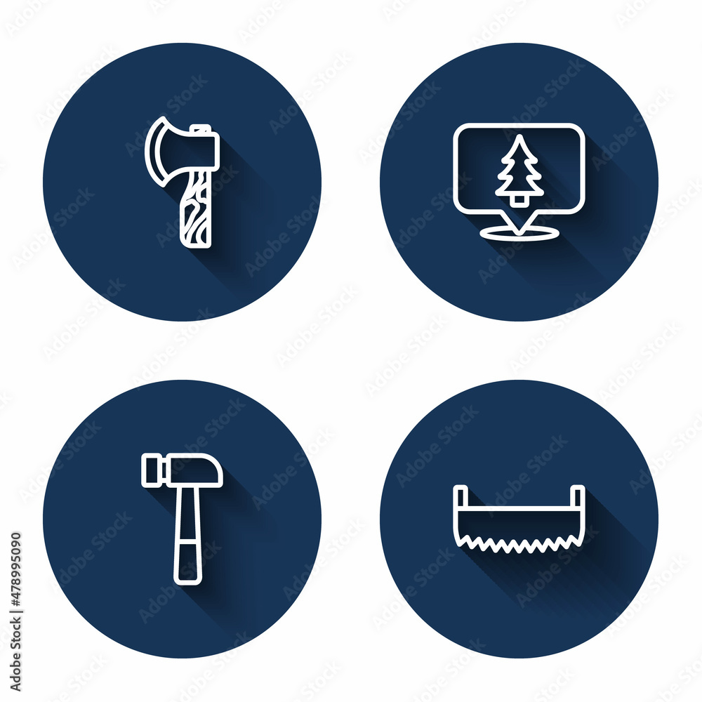 Set line Wooden axe, Location of the forest, Hammer and Two-handed saw with long shadow. Blue circle button. Vector Set line Wooden axe, Location of the forest, Hammer and Two-handed saw with long shadow. Blue circle button. Vector