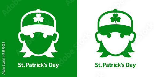 Logotipo con texto St. Patrick's Day con cara de chica con gorra de béisbol con trebol estampado con líneas en fondo verde y fondo blanco