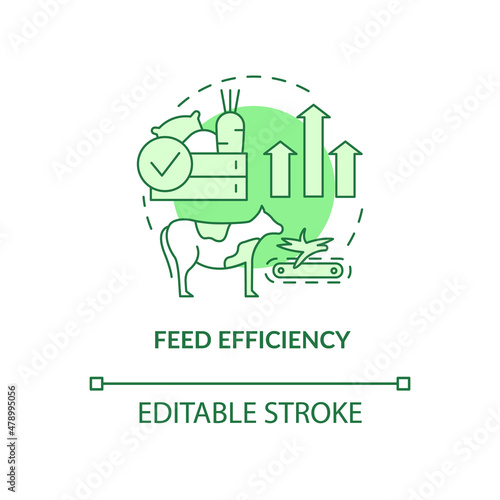 Feed efficiency green concept icon. Livestock greenhouse gases reduction abstract idea thin line illustration. Isolated outline drawing. Editable stroke. Roboto-Medium, Myriad Pro-Bold fonts used