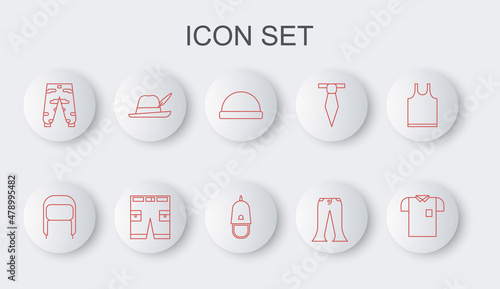 Set line Polo shirt, Winter hat with ear flaps, Beanie, Pants, Camouflage cargo pants, Oktoberfest, Short or and Police cap cockade icon. Vector