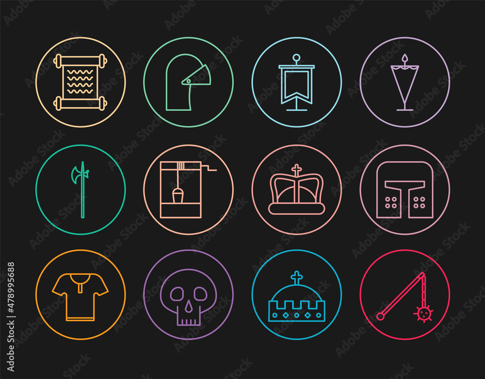 Set line Medieval chained mace ball, iron helmet, flag, Well with bucket, halberd, Decree, parchment, scroll, King crown and icon. Vector