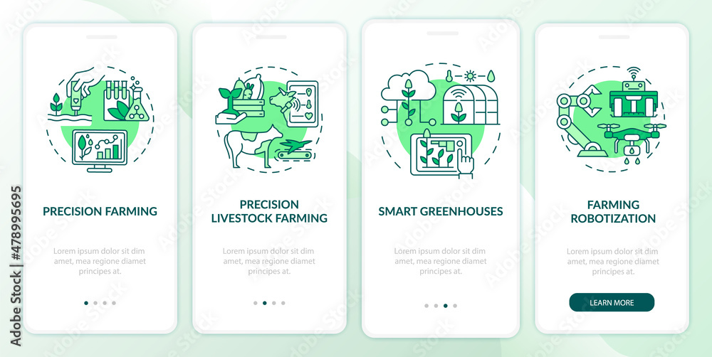 Digital agriculture green onboarding mobile app screen. Smart greenhouses walkthrough 4 steps graphic instructions pages with linear concepts. UI, UX, GUI template. Myriad Pro-Bold, Regular fonts used Digital agriculture green onboarding mobile app screen. Smart greenhouses walkthrough 4 steps graphic instructions pages with linear concepts. UI, UX, GUI template. Myriad Pro-Bold, Regular fonts used