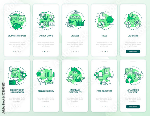 Modern agribusiness green onboarding mobile app screen set. Walkthrough 5 steps graphic instructions pages with linear concepts. UI, UX, GUI template. Myriad Pro-Bold, Regular fonts used