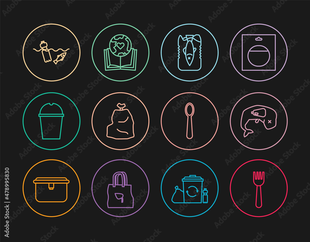 Set line Disposable plastic fork, Environment protection whale dead, Stop ocean pollution, Garbage bag, Paper glass water, Problem of the, spoon and Earth globe and book icon. Vector Set line Disposable plastic fork, Environment protection whale dead, Stop ocean pollution, Garbage bag, Paper glass water, Problem of the, spoon and Earth globe and book icon. Vector