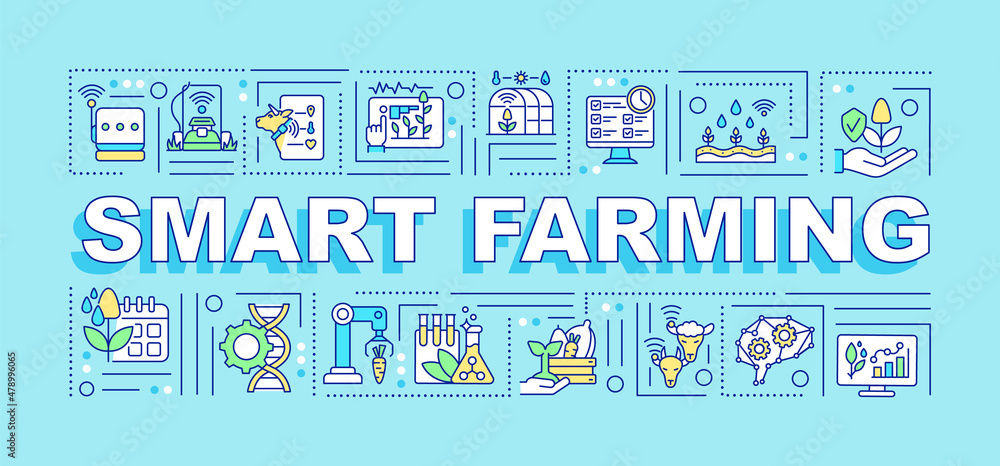 Smart farming word concepts turquoise banner. IoT devices usage. Infographics with linear icons on background. Isolated typography. Vector color illustration with text. Arial-Black font used